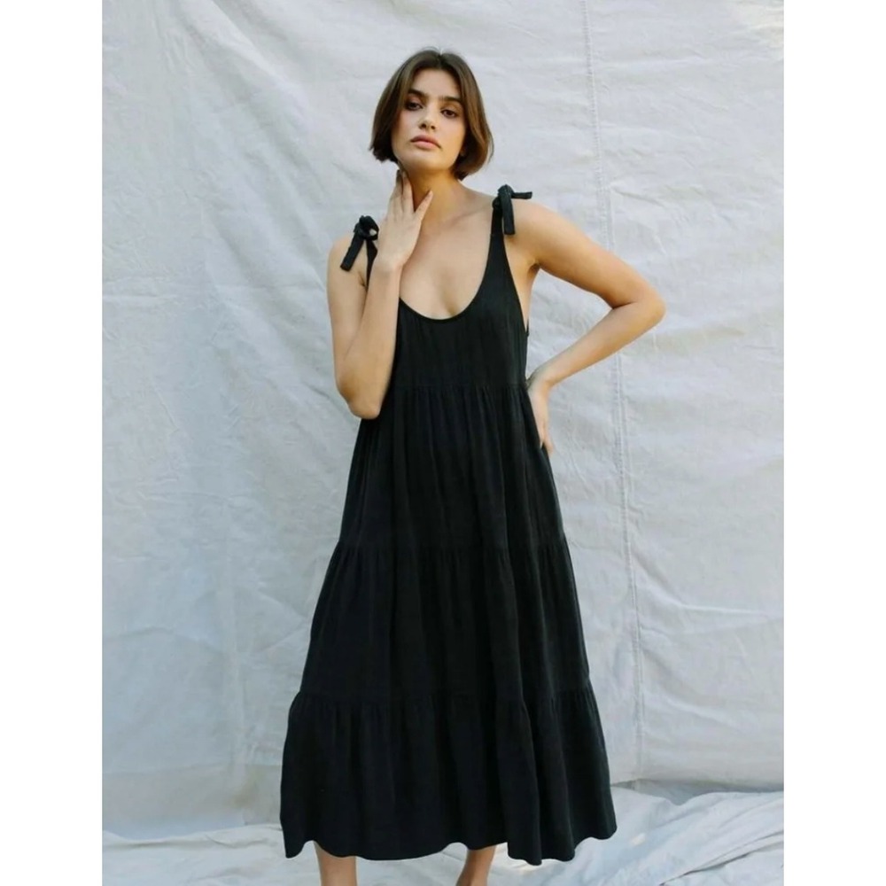 Rachel Pally Adelaide Tie Shoulder Linen Midi Dress Womens Size S Black Summer